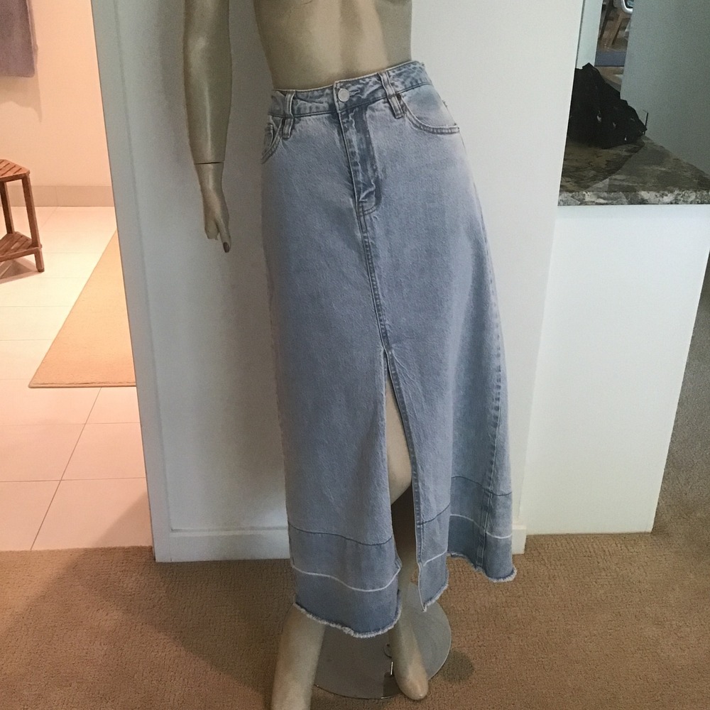 Habitual Blue Denim Maxi Skirt Light Wash Raw Hem Front Slit S Y2K